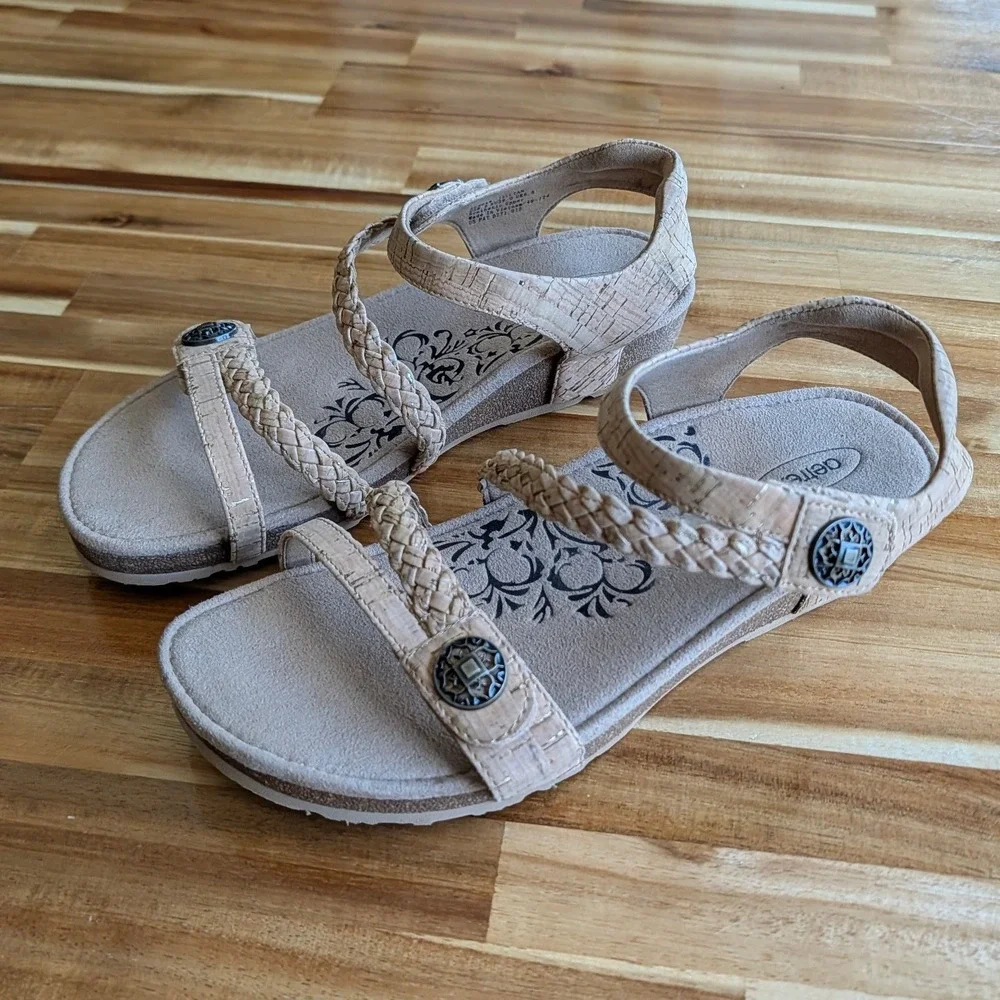 Aetrex Jillian Cork Wedge Sandals L Braided Straps Orthotic Comfort Size 8.5 NEW